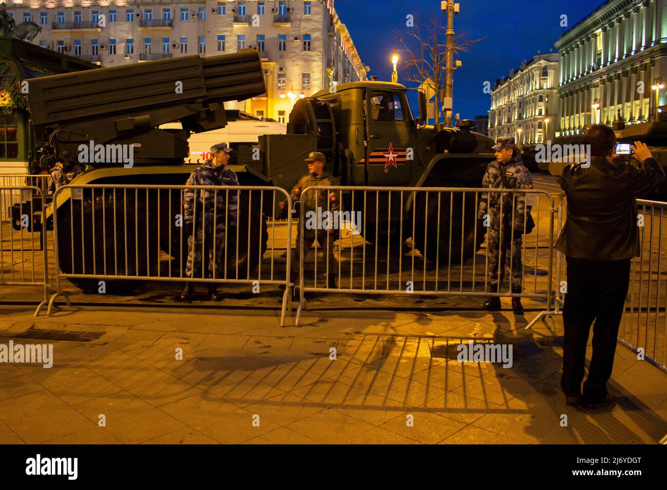 A rocket launcher vehicle is seen in Moscow. The final night rehearsal of the traditional Victory Day Parade is one of the main runs before the actual event scheduled for May 9. Besides its symbolic meaning, the yearly Victory Day Parade has been a tool to demonstrate Russia's new weaponry to potential adversaries. (Photo by Vlad Karkov / SOPA Images/Sipa USA) Stock Photo