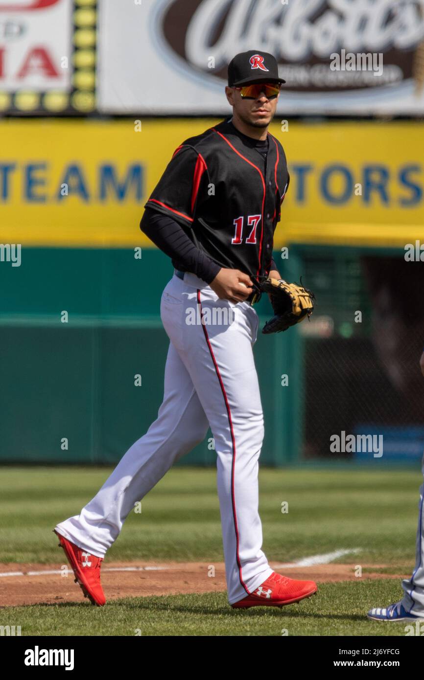 April 30, 2022: Rochester Red Wings infielder Joey Meneses (17) runs to  position in a game against the Syracuse Mets. The Rochester Red Wings  hosted the Syracuse Mets in the second game