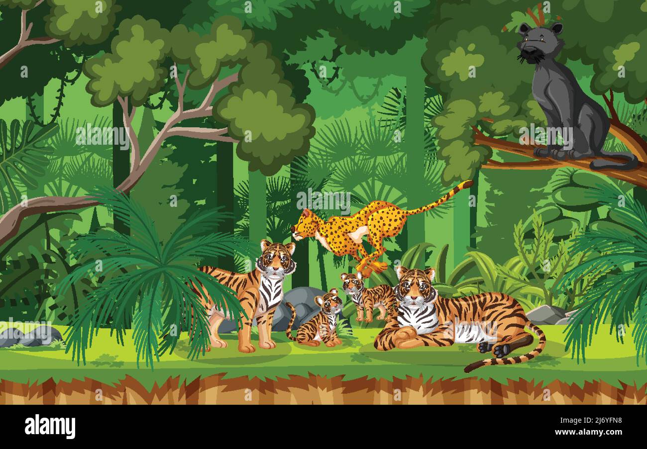 Forest scene with various wild animals illustration Stock Vector