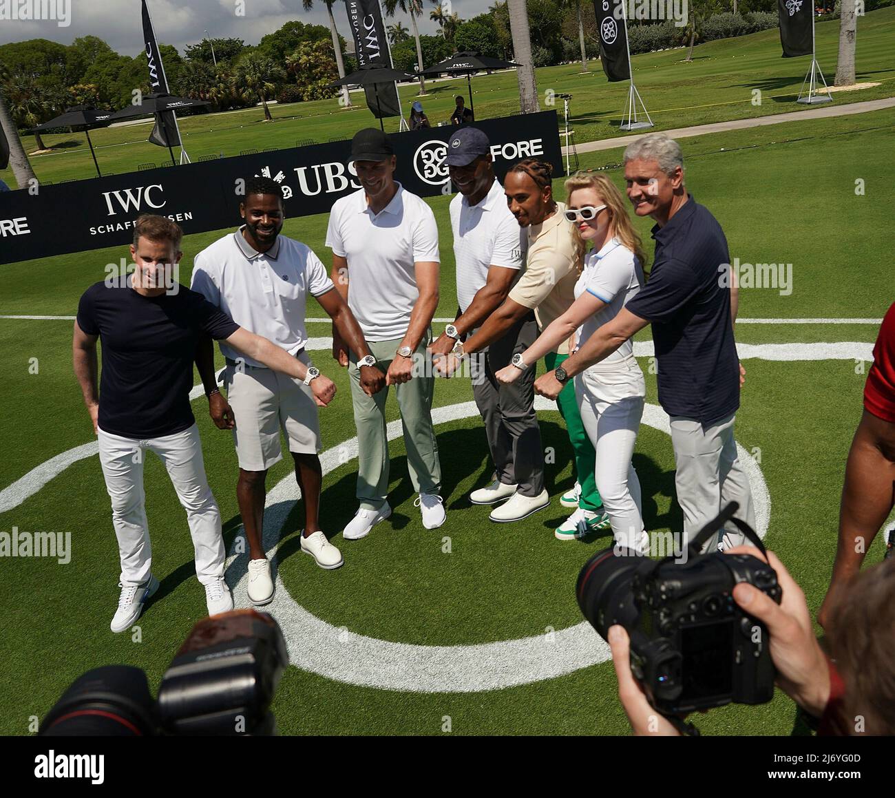 May 4th, 2022, Miami International Autodrome, Miami, FORMULA 1 CRYPTO.COM MIAMI GRAND PRIX, in the picture basketball player Brandon Okpalobi, football star Tom Brady, Marcus Allen (former football player), Lewis Hamilton (GBR), Mercedes-AMG Petronas Formula One Team, Actress Kathryn Newton, David Coulthard Stock Photo