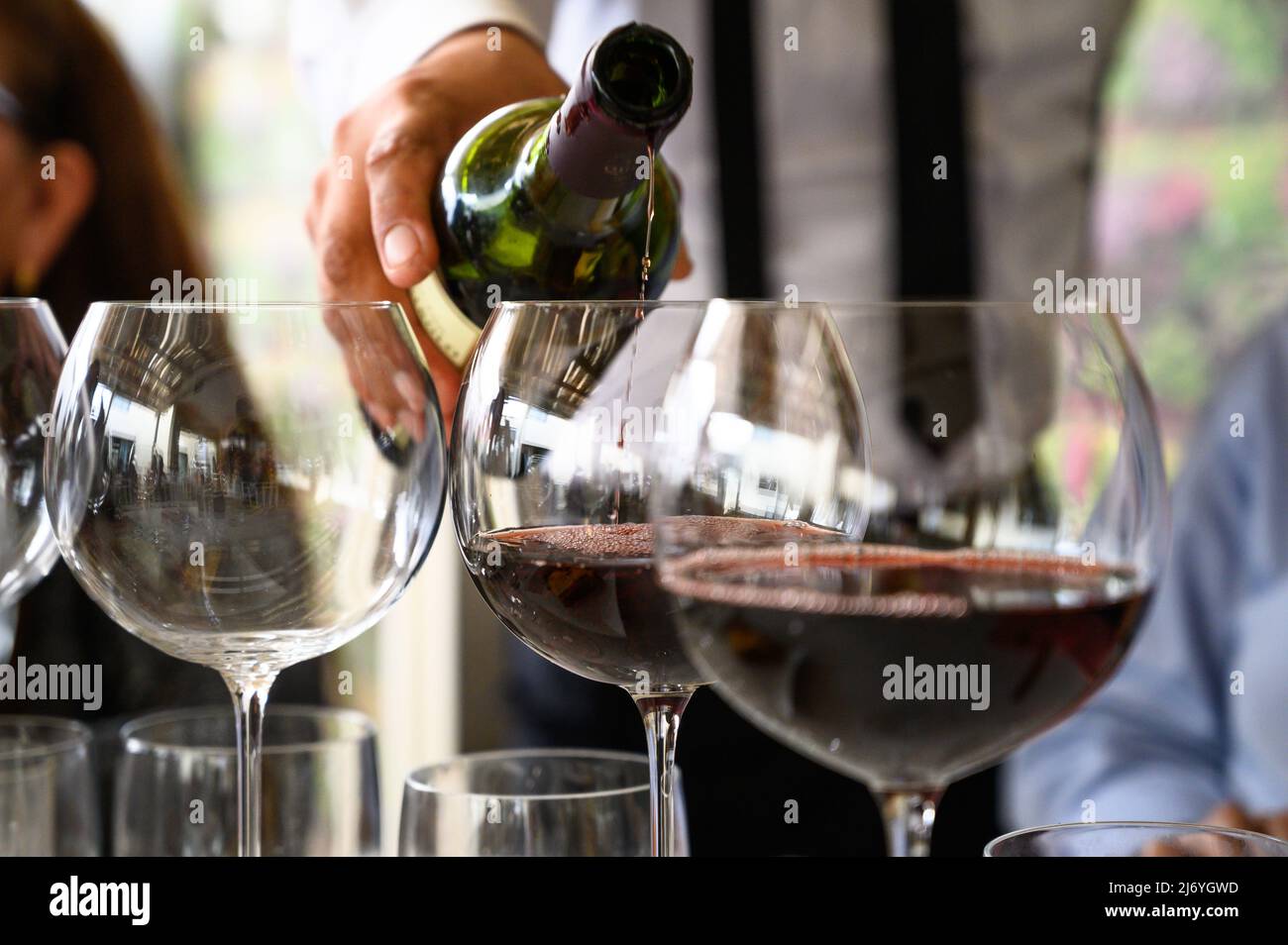 The waiter in uniform offers visitors wine in restaurant Stock Photo