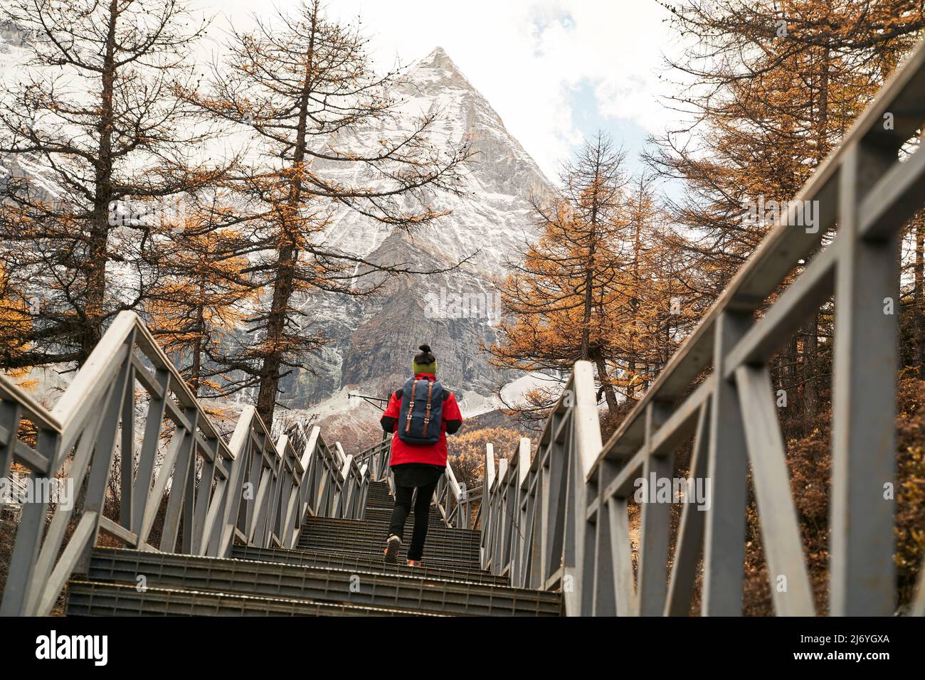 rear view of an asian woman female tourist backpacker climbing up stairs leading to mount chenrezig (or xian nai ri) Stock Photo