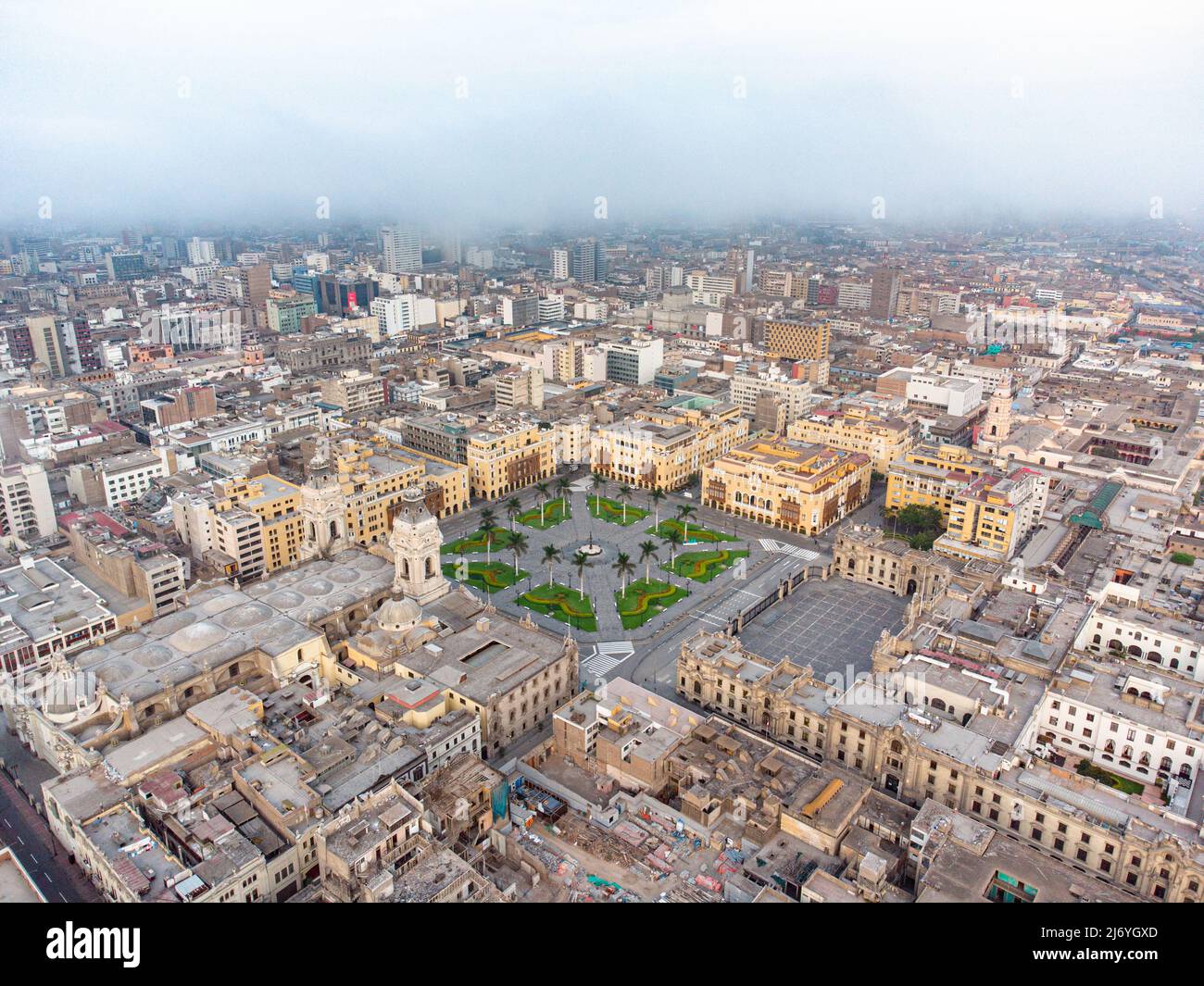Aerial view of Lima main square, government palace of Peru and cathedral church. Historic center of capital of Peru Stock Photo