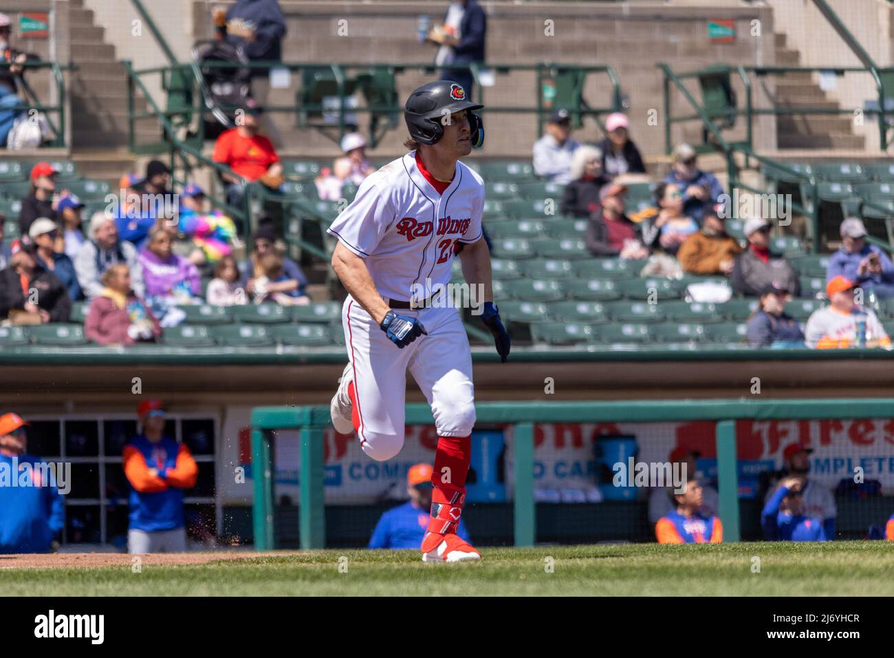 April 30, 2022 Rochester Red Wings outfielder Donovan Casey (21) runs after getting a hit in a