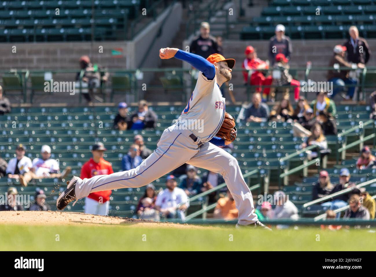 April 30, 2022: Syracuse Mets pitcher Tim Adleman (40) throws a pitch in a game against the Rochester Red Wings. The Rochester Red Wings hosted the Syracuse Mets in the first game of a double header in an International League game at Frontier Field in Rochester, New York. (Jonathan Tenca/CSM) Stock Photo