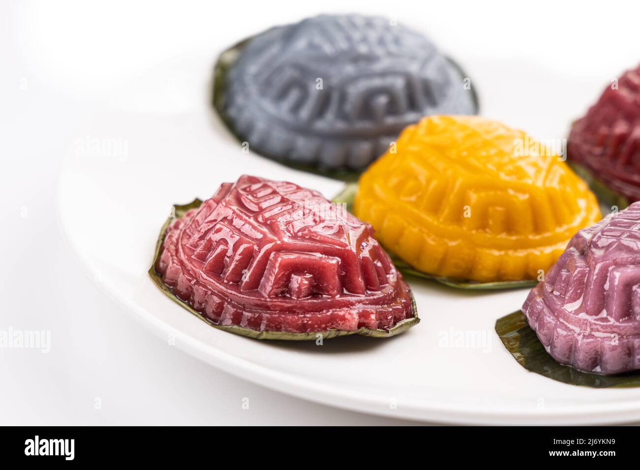 Nyonya angku kueh is traditional food prepared during festive celebration in Malaysia. Also known as red tortoise cake. Stock Photo