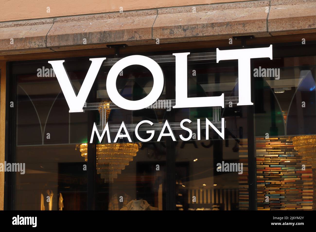 Orebro, Sweden - April 24, 2022: Close-up view of the Volt Magasin fashion store Volt Nagasib located at the Drottninggatan street in downtown Orebro. Stock Photo