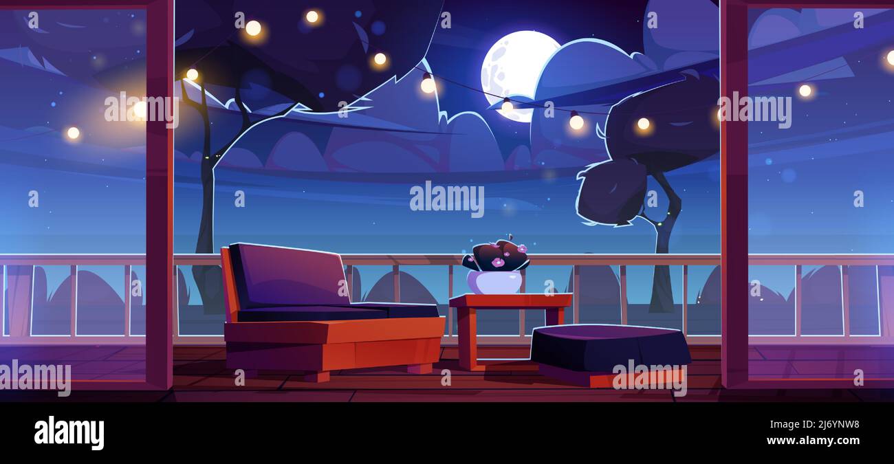 Home terrace at night, hotel or cafe outdoor patio with furniture, light garland and dark garden with trees under full moon at starry sky. Cartoon background with wooden veranda, Vector illustration Stock Vector