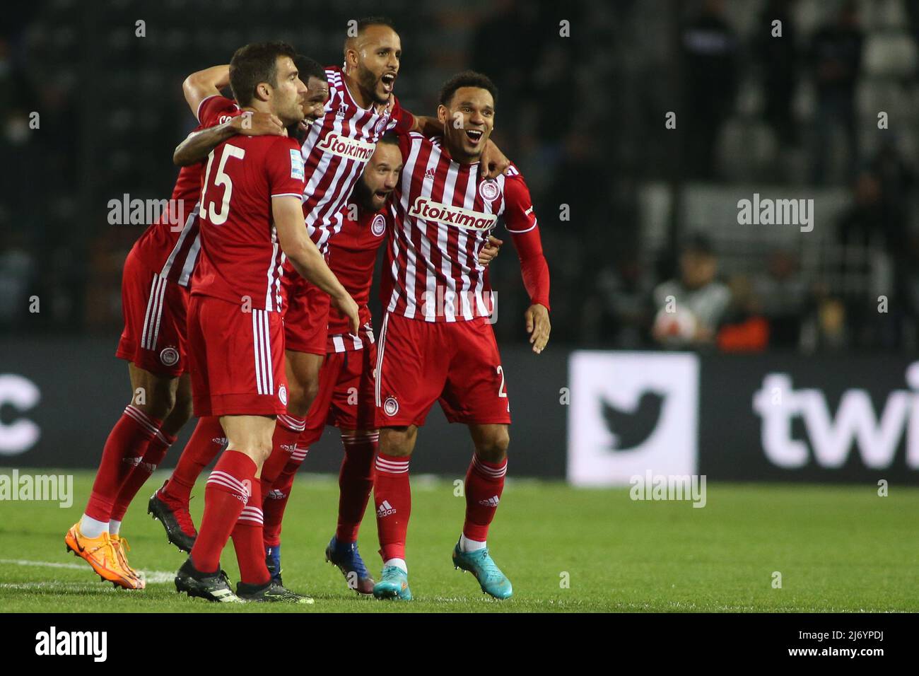 May 5 22 Thessaloniki Greece Olympiacos Players Celebrate For Winning The Greek Soccer Superleague Title After The End Of The Game Olympiacos Fc Won Paok Fc In Thessaloniki Toumba Stadium To Secure