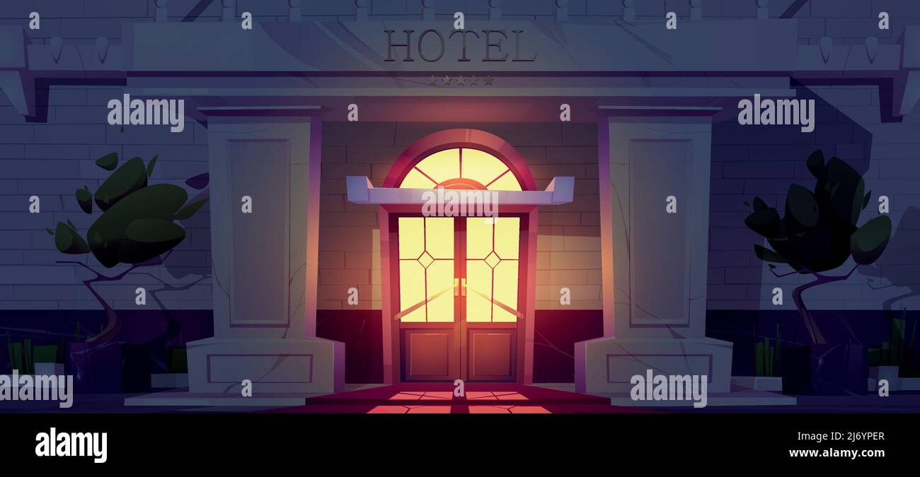 Luxury hotel building facade at night. Expensive hotel entrance on dark city street. Vector cartoon illustration of guest apartments exterior with double doors, marble columns and five gold stars Stock Vector