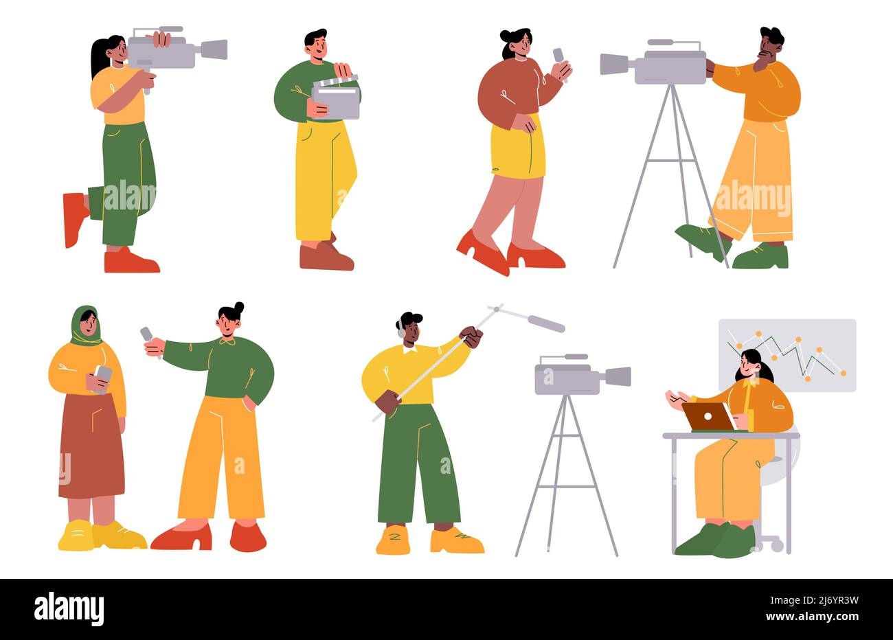 Set professional tv employees, videographer and journalist characters record video or movie on camera. Presenter broadcast breaking news, mass media industry profession Linear flat vector illustration Stock Vector