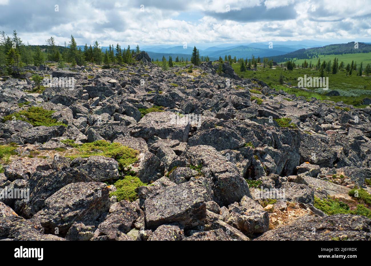 Stones on the mountainside. Seminsky mountain range in Altai, Siberia. Stock Photo
