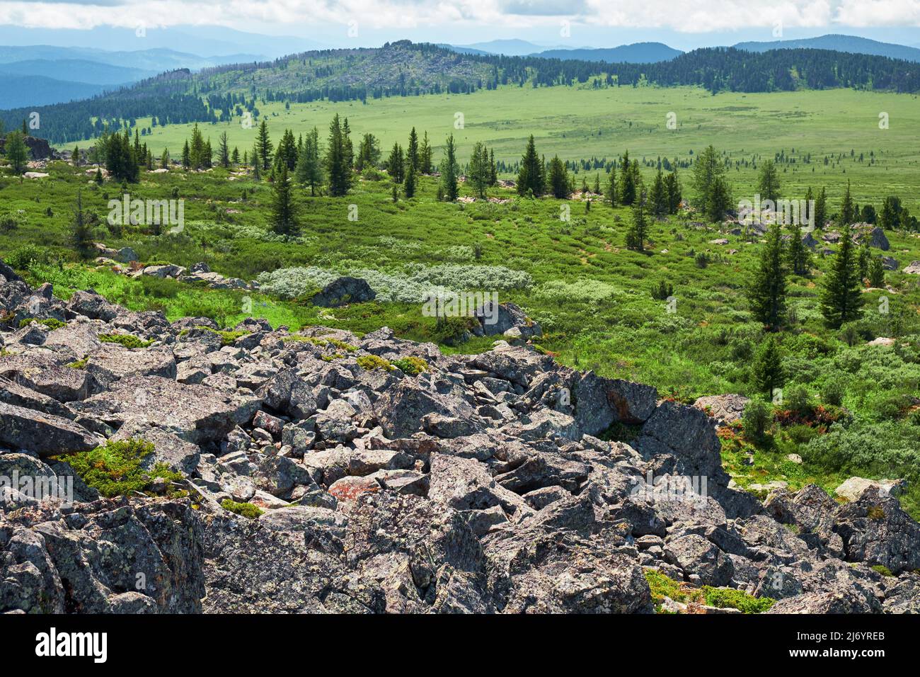 Stones on the mountainside. Seminsky mountain range in Altai, Siberia. Stock Photo