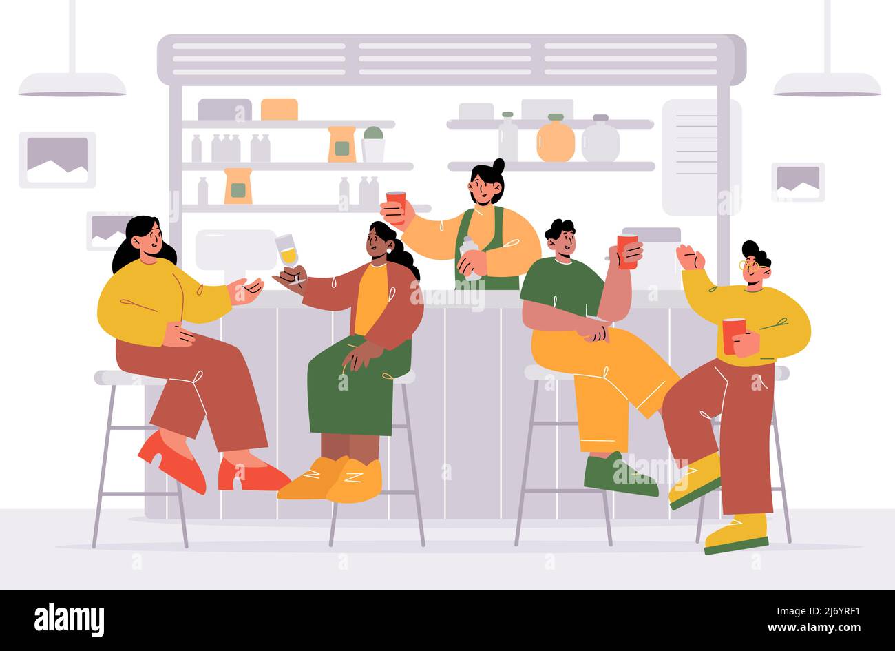 Diverse people sitting on stools in bar or pub. Vector flat illustration of cafe or restaurant interior with bar counter, shelves with bottles, happy men and women with drinks and bartender girl Stock Vector