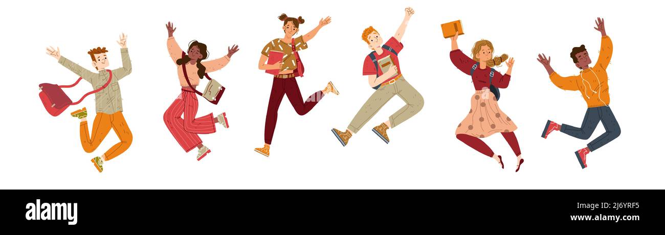 Happy students jump and joy. Group of diverse young people with books and bags have fun together. Vector flat illustration of jumping teens isolated on white background Stock Vector