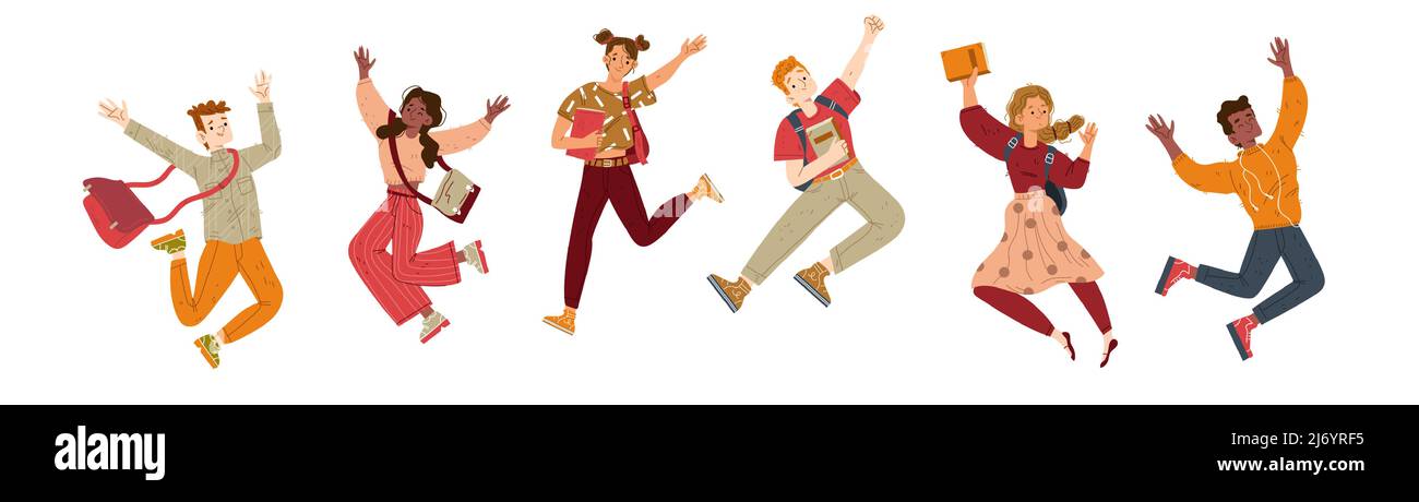 Happy students jump and joy. Group of diverse young people with books ...