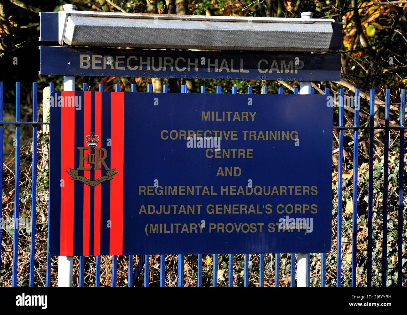 File photo dated 18/11/21 of the sign outside the main gate of the Military Corrective Training Centre (MCTC) in Colchester, Essex. Sex offenders and violent criminals are being freed from the UK's military jail 'without any safeguards or probation supervision', inspectors have warned. Issue date: Thursday May 5, 2022. Stock Photo