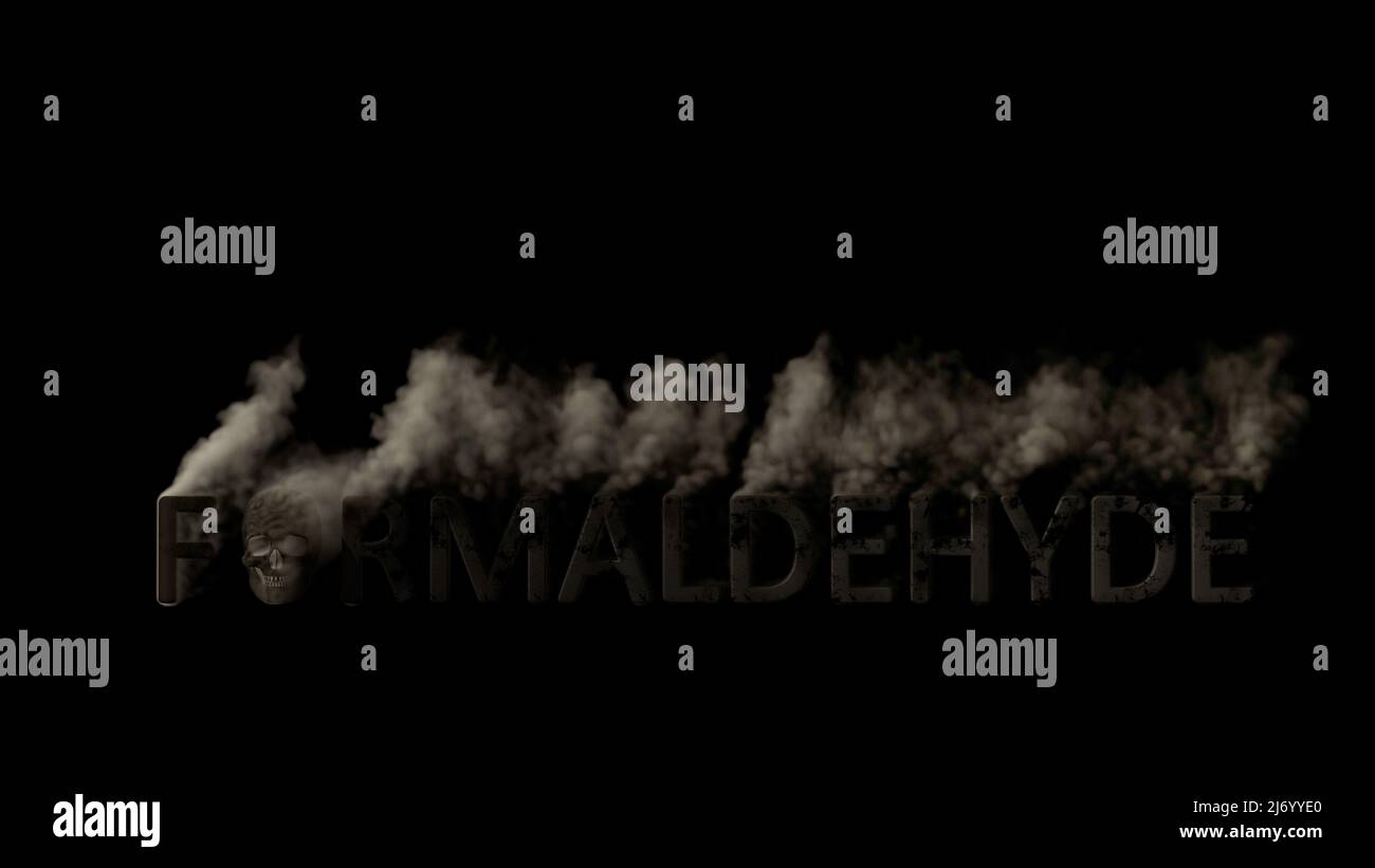 Text formaldehyde with skull smoking on black bg, isolated - industrial 3D illustration Stock Photo