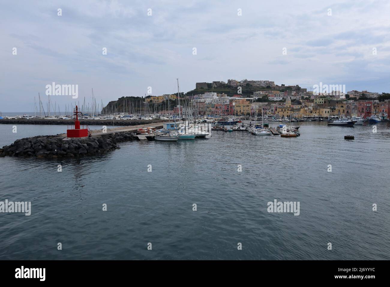 Procida – Scorcio del porto di Marina Grande dal traghetto in uscita Stock Photo
