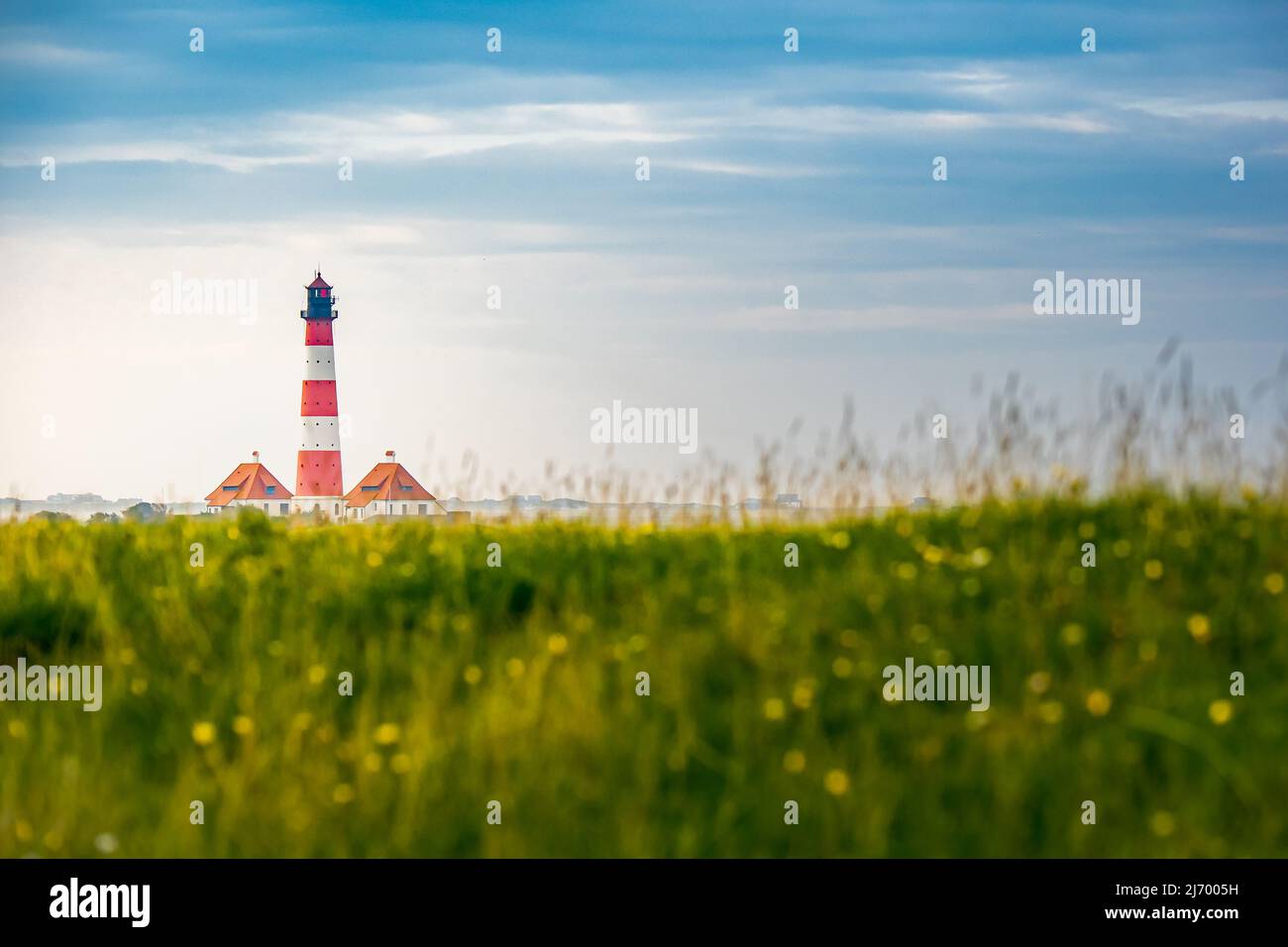 photography of the most famous red and white striped lighthouse behind a lush meadow nearby sankt peter ording, called westerhever lighthouse. Stock Photo