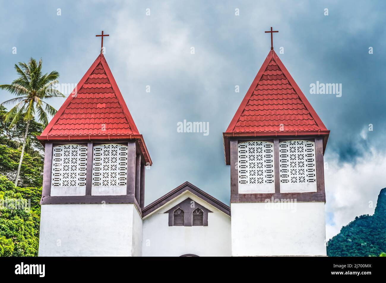 Colorful Sainte Famille Holy Family Church Haapiti Green Mountains