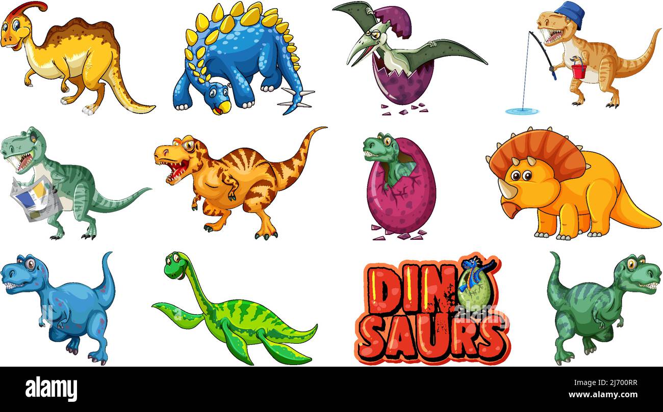 Many dinosaurs on white background illustration Stock Vector