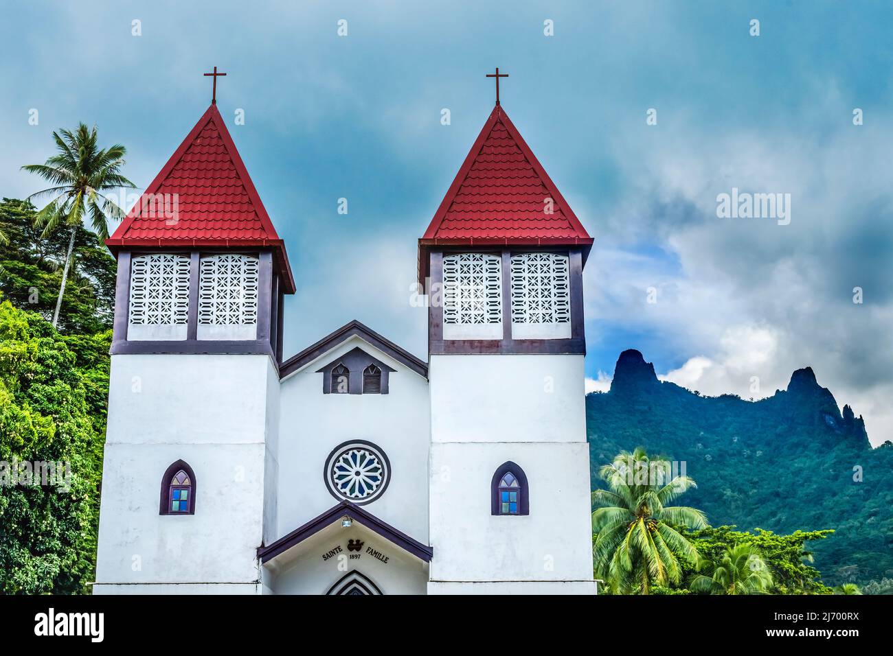 Colorful Sainte Famille Holy Family Church Haapiti Green Mountains