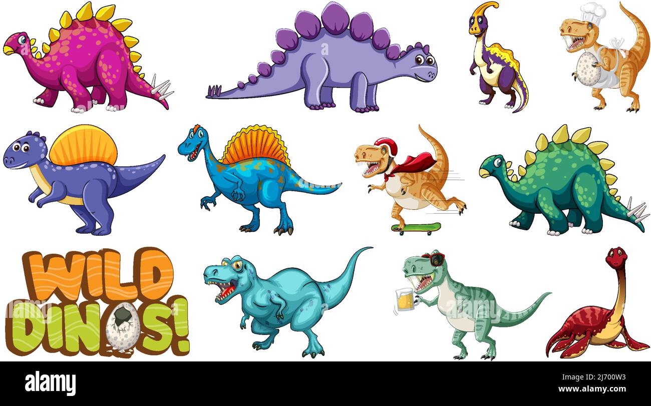 Many dinosaurs on white background illustration Stock Vector
