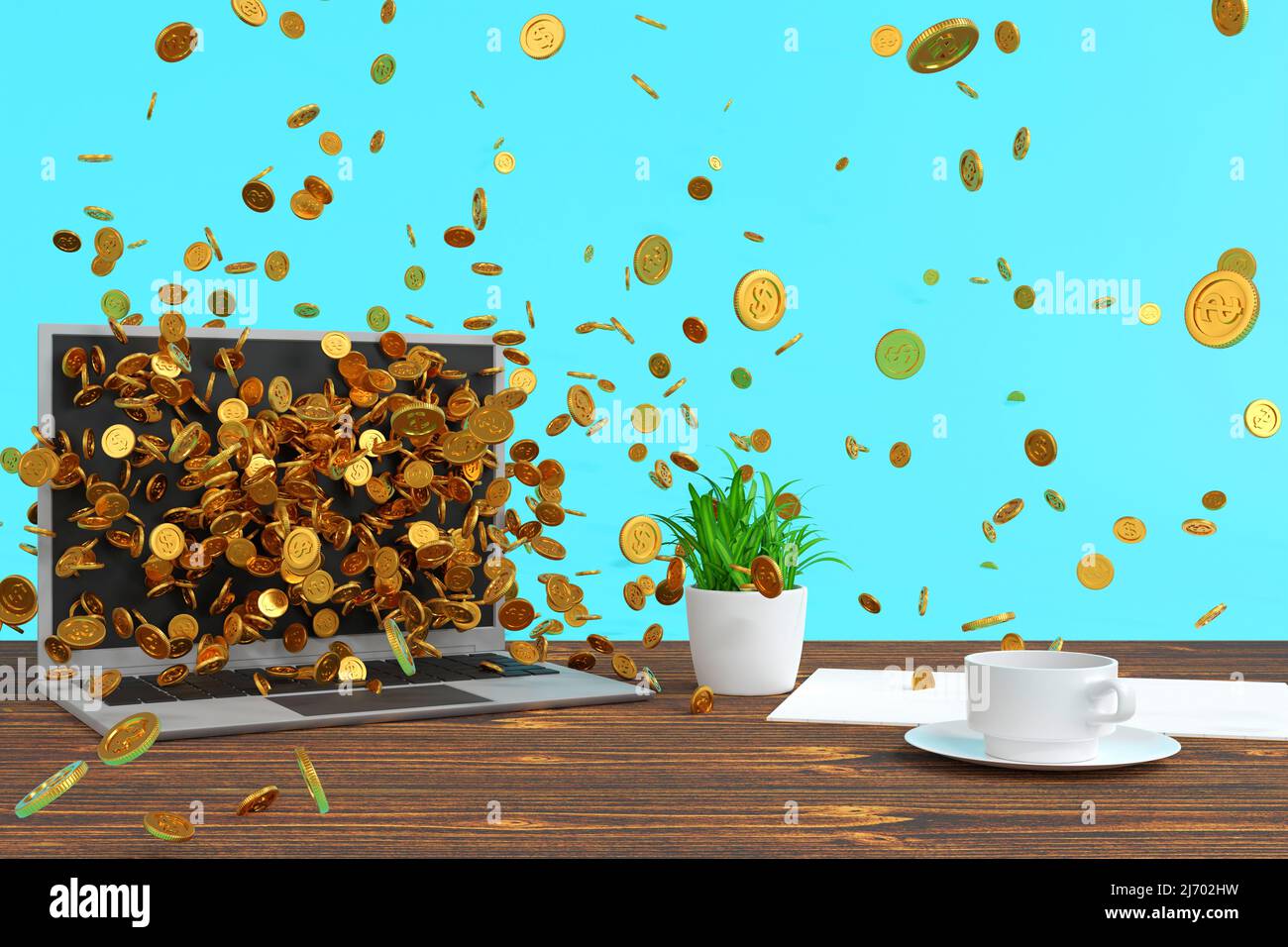 Gold coin money flying out of laptop screen, with office table, online ...