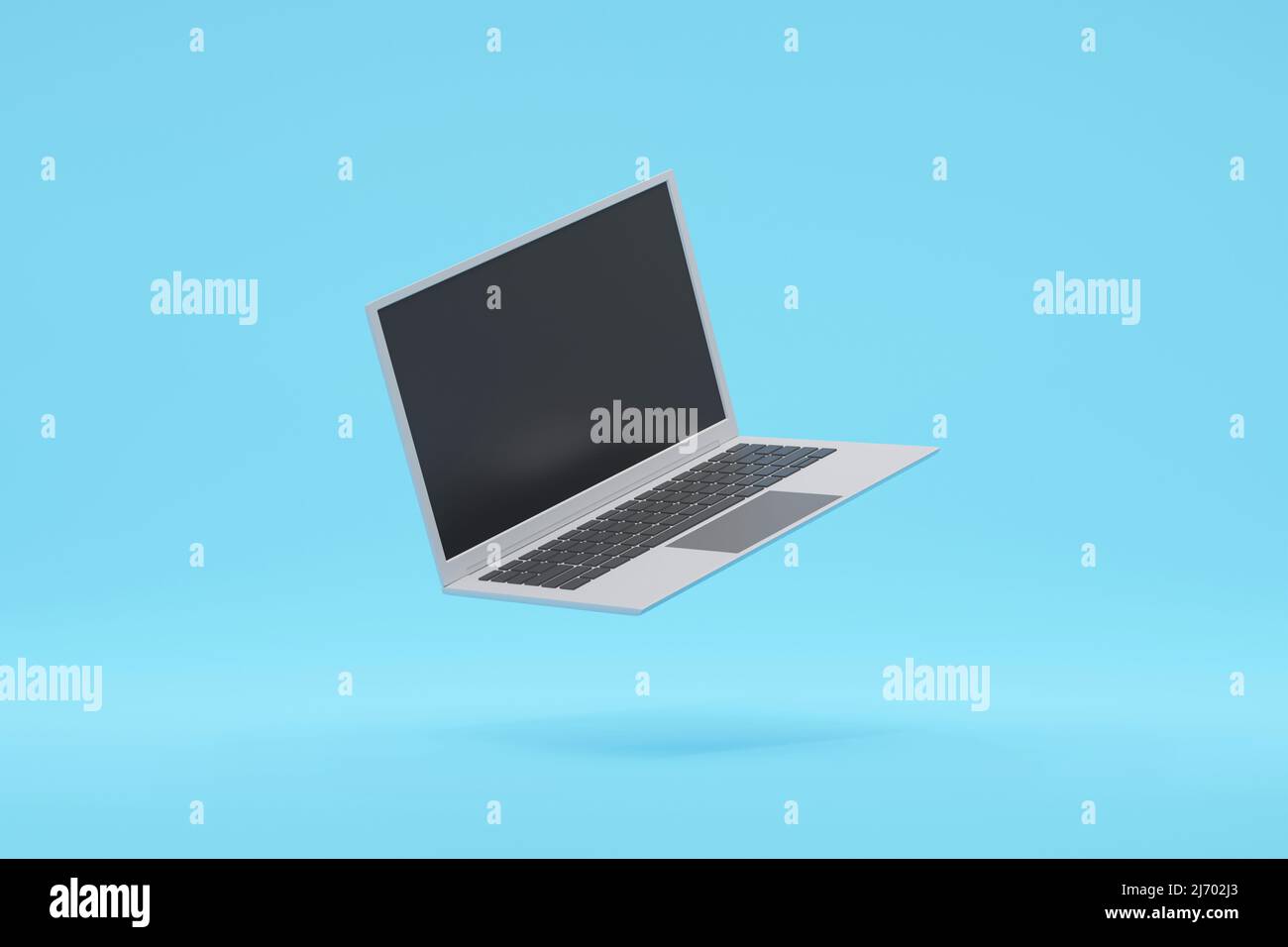 Laptop notebook computer floating in the air, technology equipment background, 3d rendering. Stock Photo