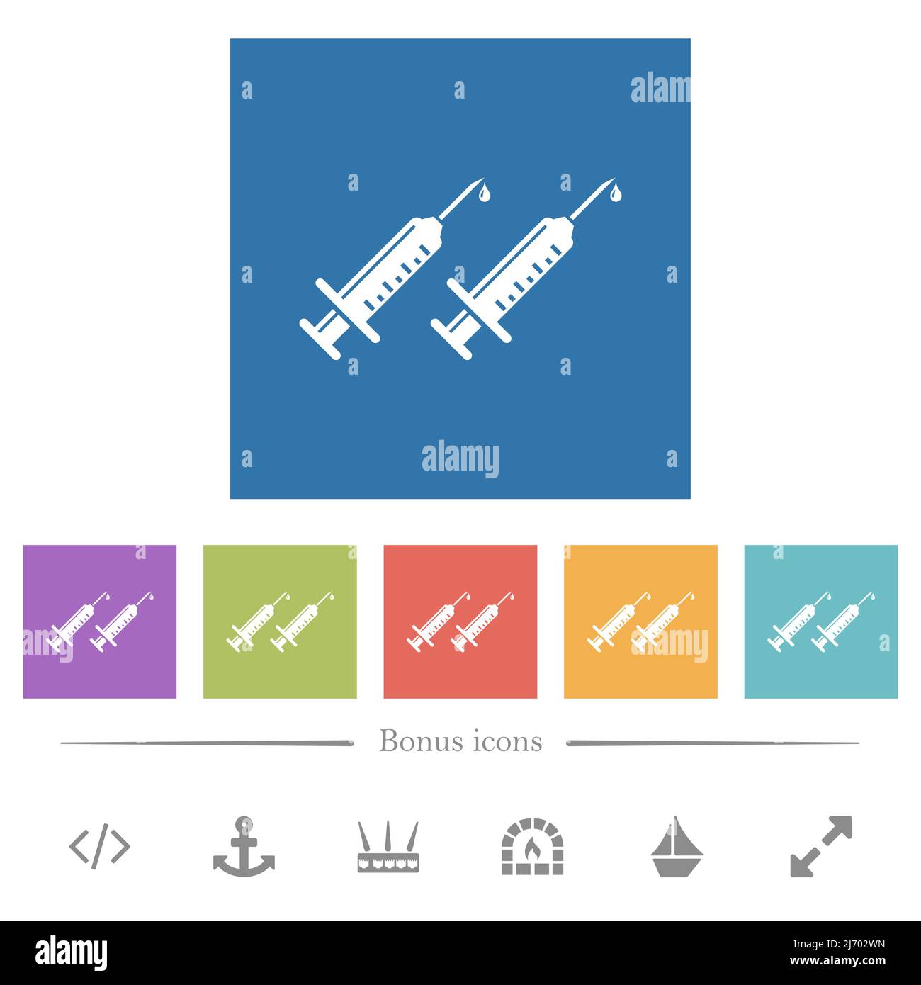 Second vaccine dose flat white icons in square backgrounds. 6 bonus ...