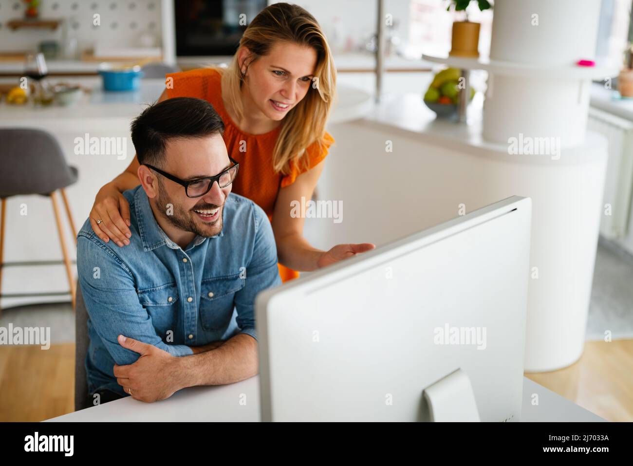 Portrait of success business people working together in home office. Couple teamwork startup concept Stock Photo