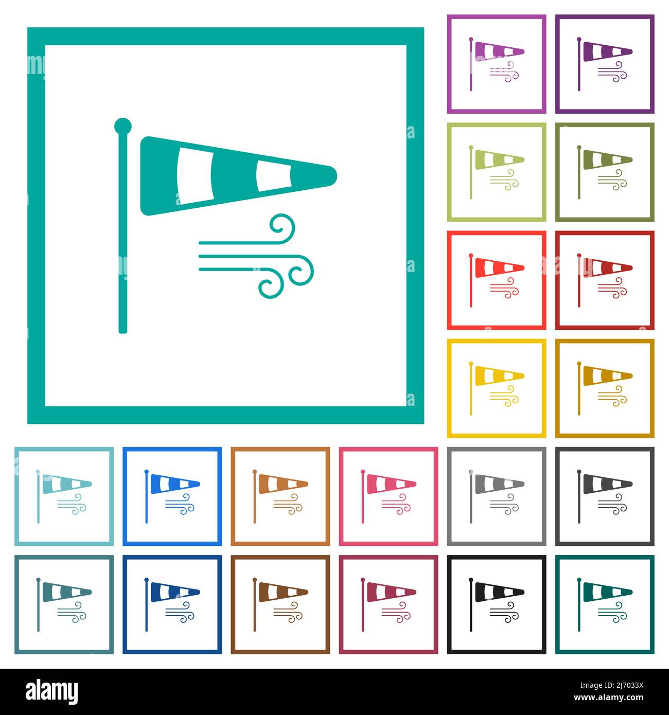 Windsock indicator with wind solid flat color icons with quadrant frames on white background Stock Vector