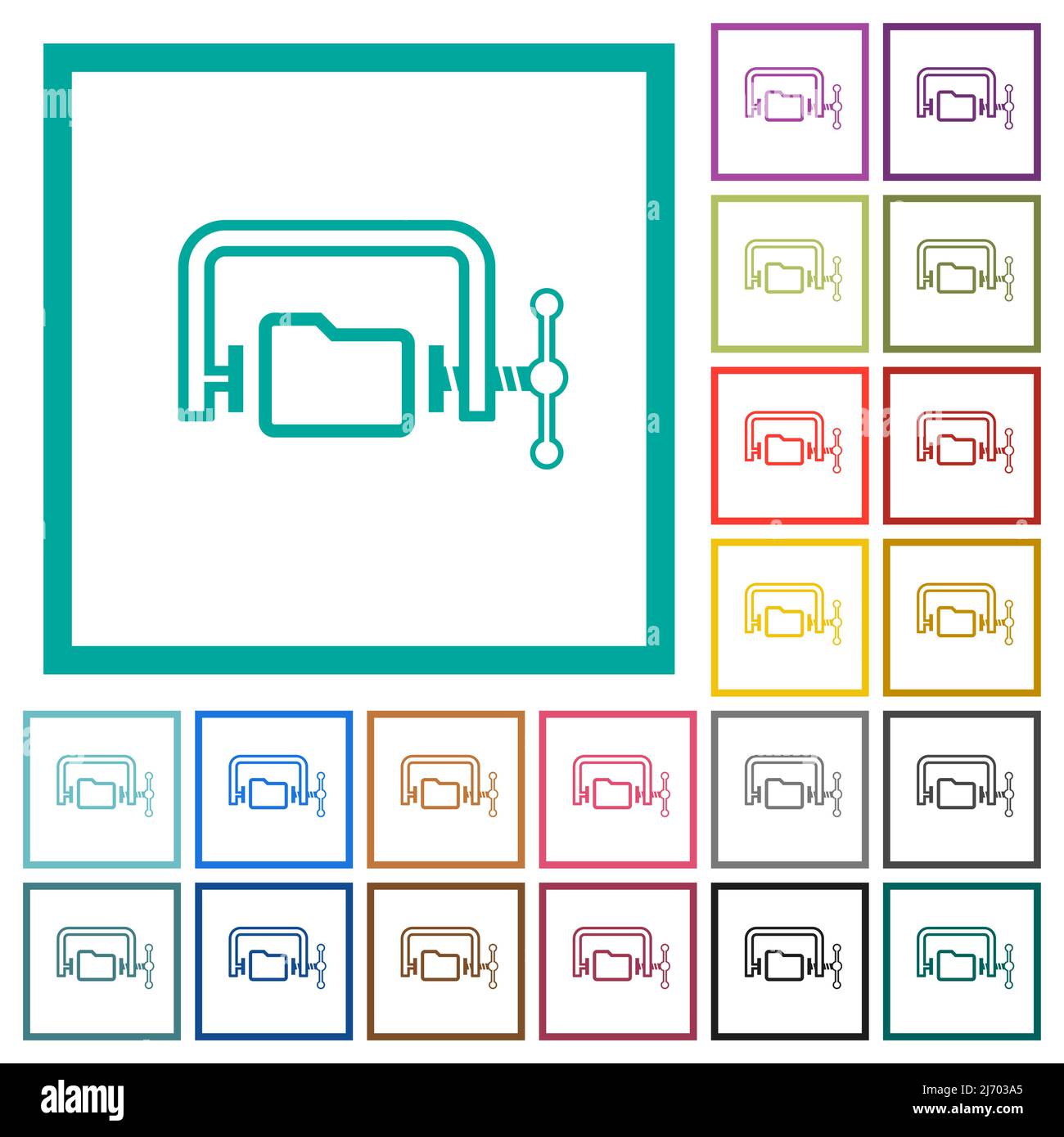 Folder compression outline flat color icons with quadrant frames on white background Stock Vector
