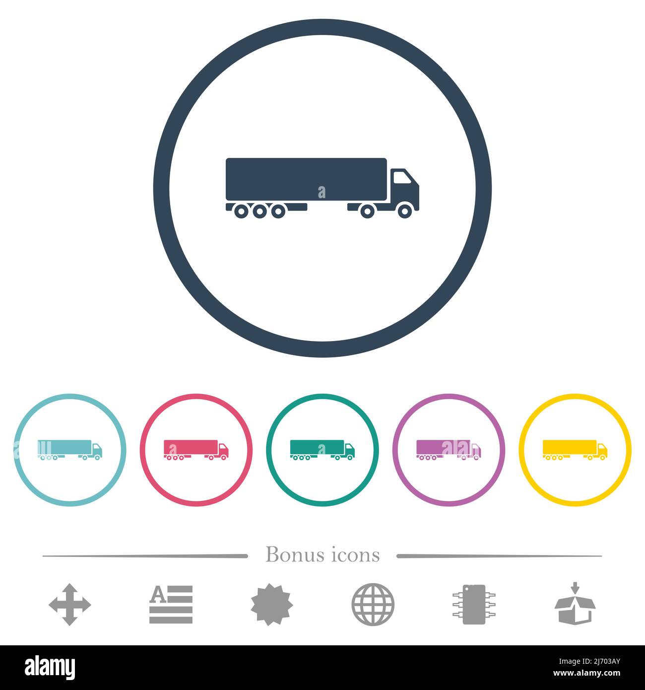Camion side view flat color icons in round outlines. 6 bonus icons included. Stock Vector