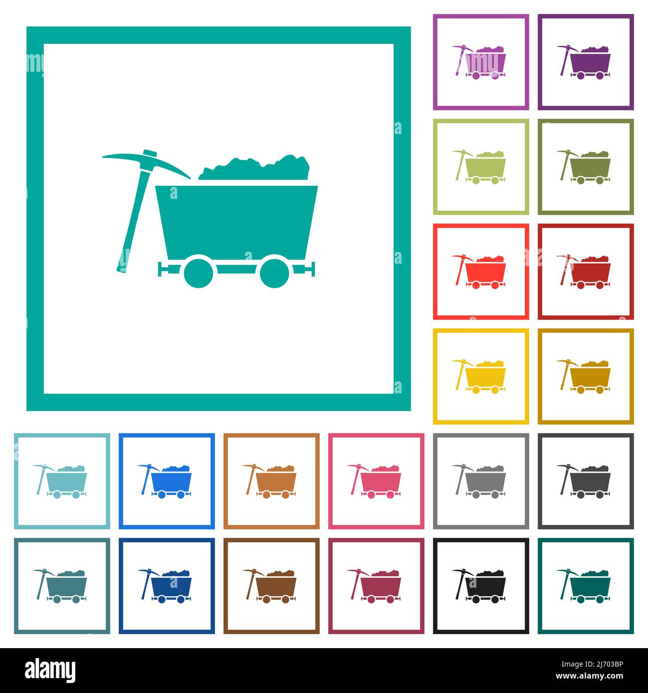 Loaded mine cart and pickaxe flat color icons with quadrant frames on white background Stock Vector