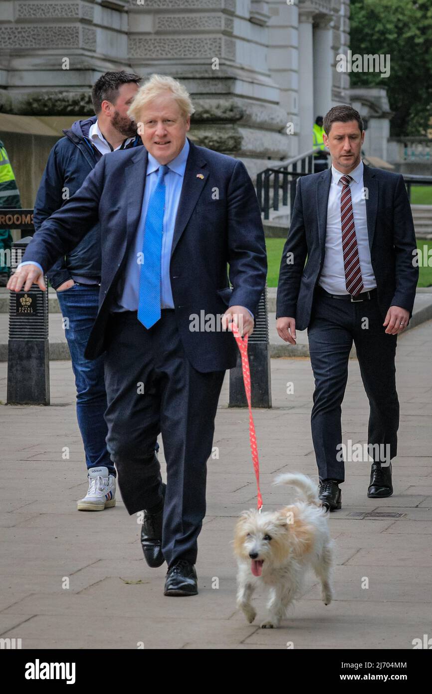 London, UK, 5th May 2022.  Boris Johnson, British Prime Minster, casts his vote in the local elections at Methodist Central Hall in Westminster this morning, walking with his dog, Dilyn. Credit: Imageplotter/Alamy Live News Stock Photo
