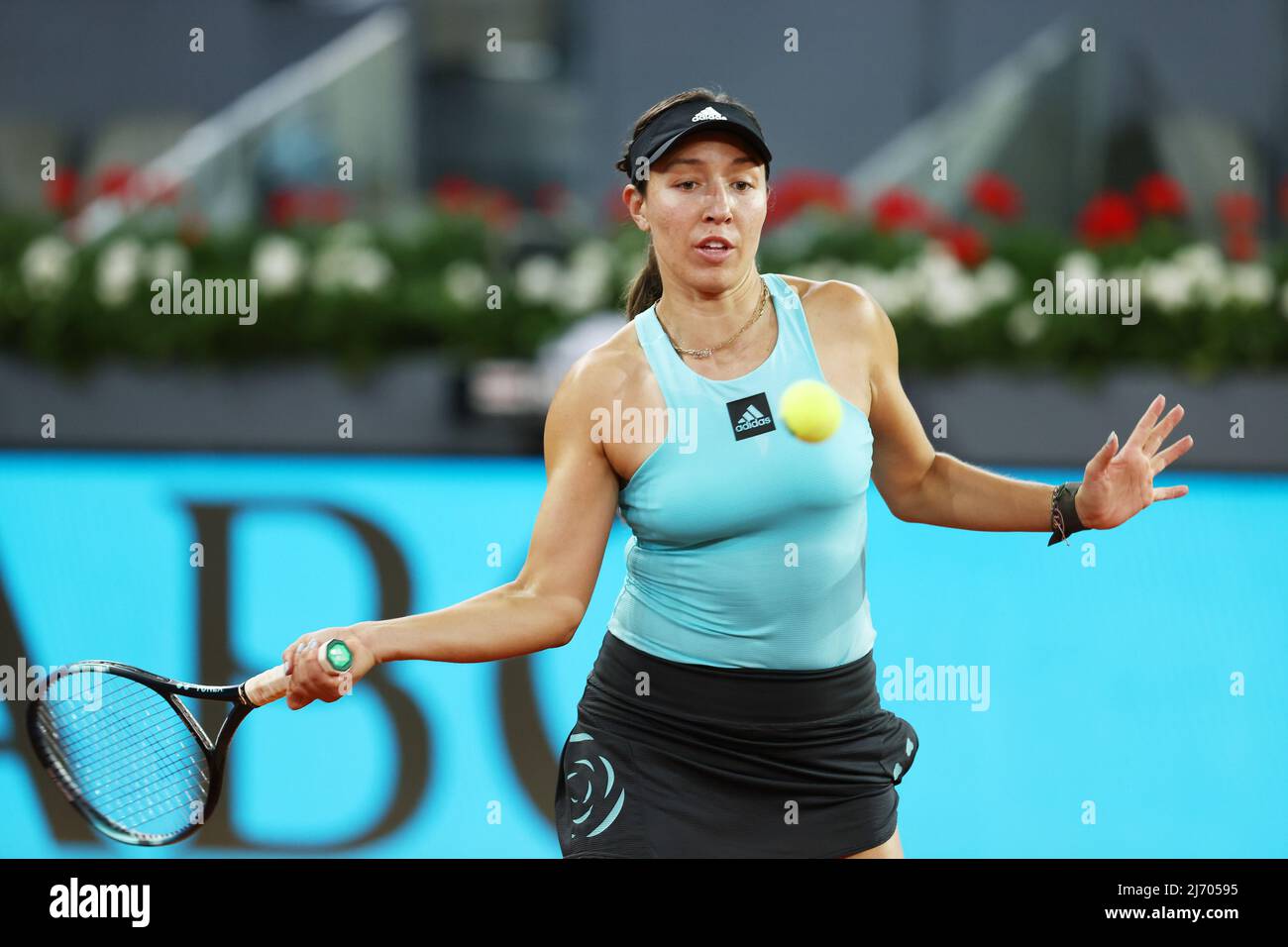 Jessica Pegula of United States in action against Sara Sorribes of Spain during the Mutua Madrid Open 2022 tennis tournament on May 4, 2022 at Caja Magica stadium in Madrid, Spain -