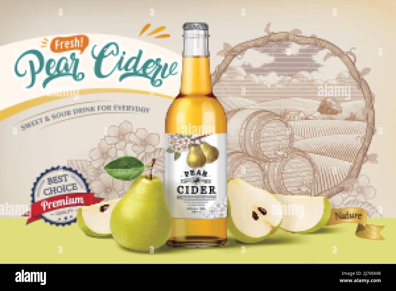 Pear cider banner ad. 3D Illustration of pear cider bottle with pear fruit and its wedges on retro engraving field background Stock Vector