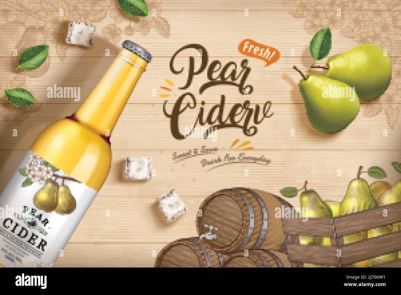 Pear cider banner ad. 3D Illustration of pear cider bottle with pears laid on an engraved background of wooden table decorated with pear branch Stock Vector