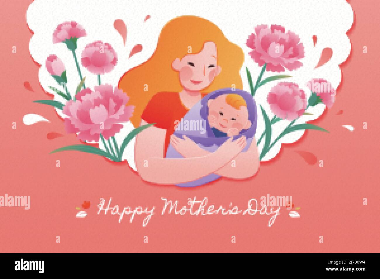 Mother's Day card with newborn. Illustration of a young mother hugging her swaddled newborn baby with carnations aside them on salmon background Stock Vector
