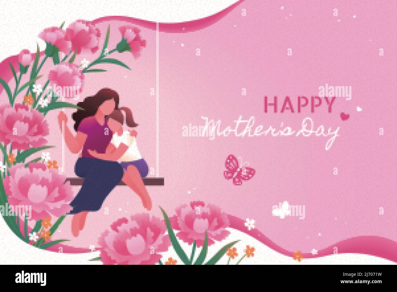 Pink Mother's Day greeting card. Illustration of a daughter hugging her mother on a swing with carnations on pink background Stock Vector