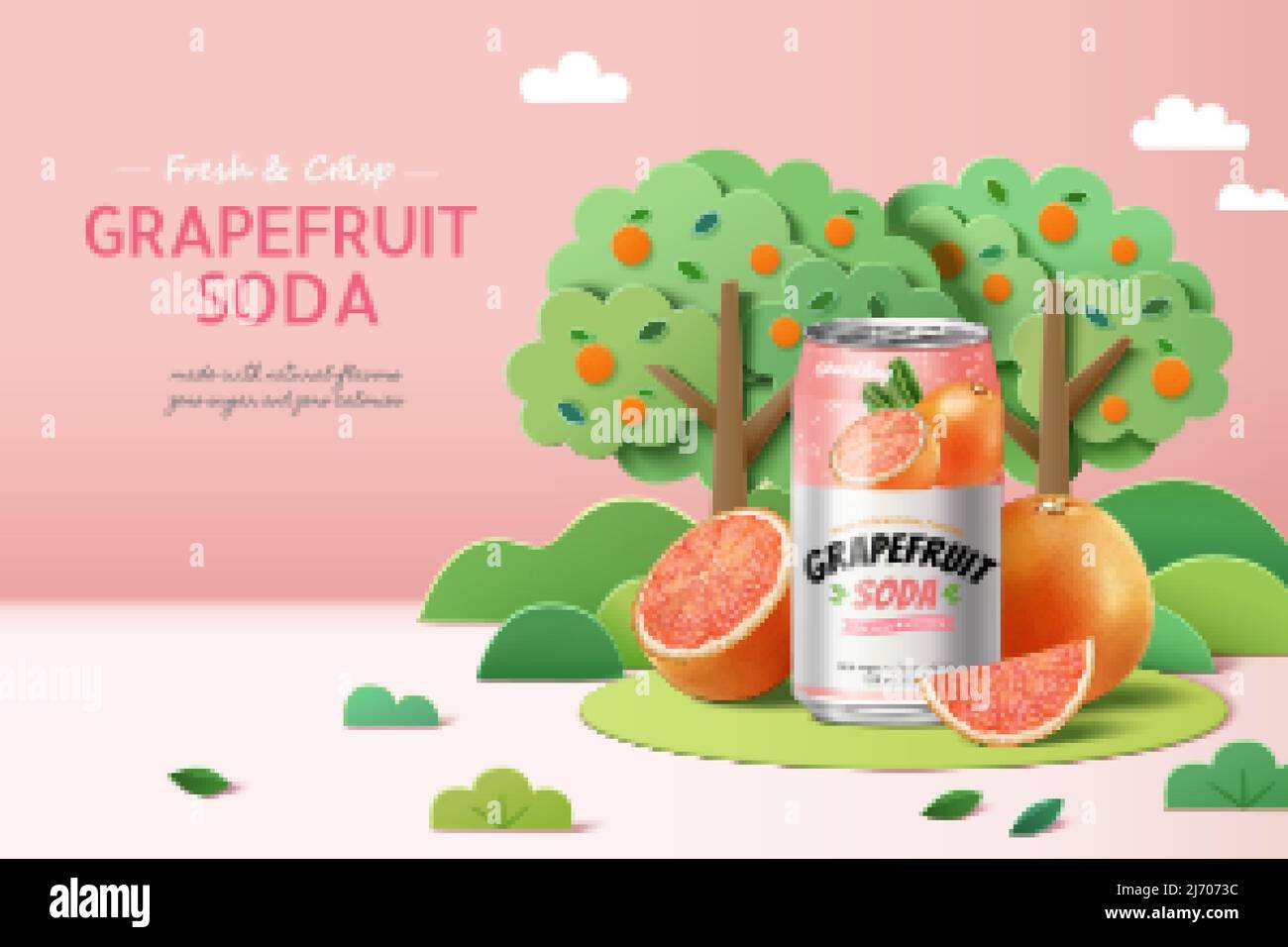 Grapefruit soda banner ad. 3D Illustration of a can of grapefruit soda in papercraft garden with realistic sliced and wedged fruit displayed on the gr Stock Vector