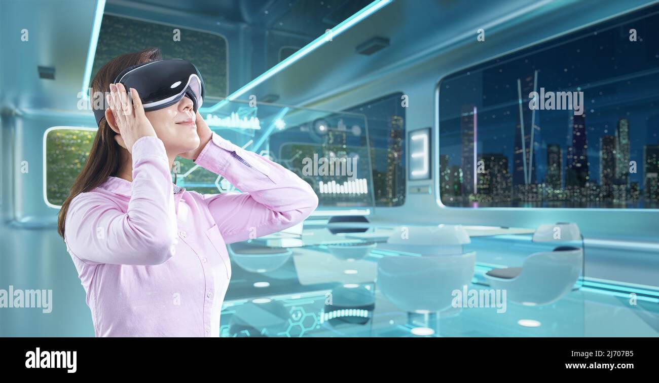 The young girl wearing virtual reality headset Stock Photo - Alamy