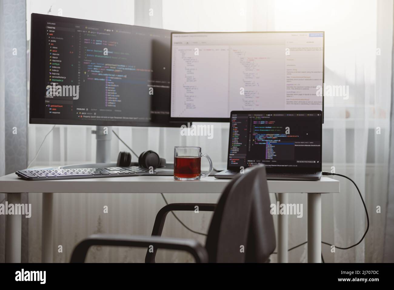 Interior shot. Workplace of a programmer, IT job, home, Computer ...