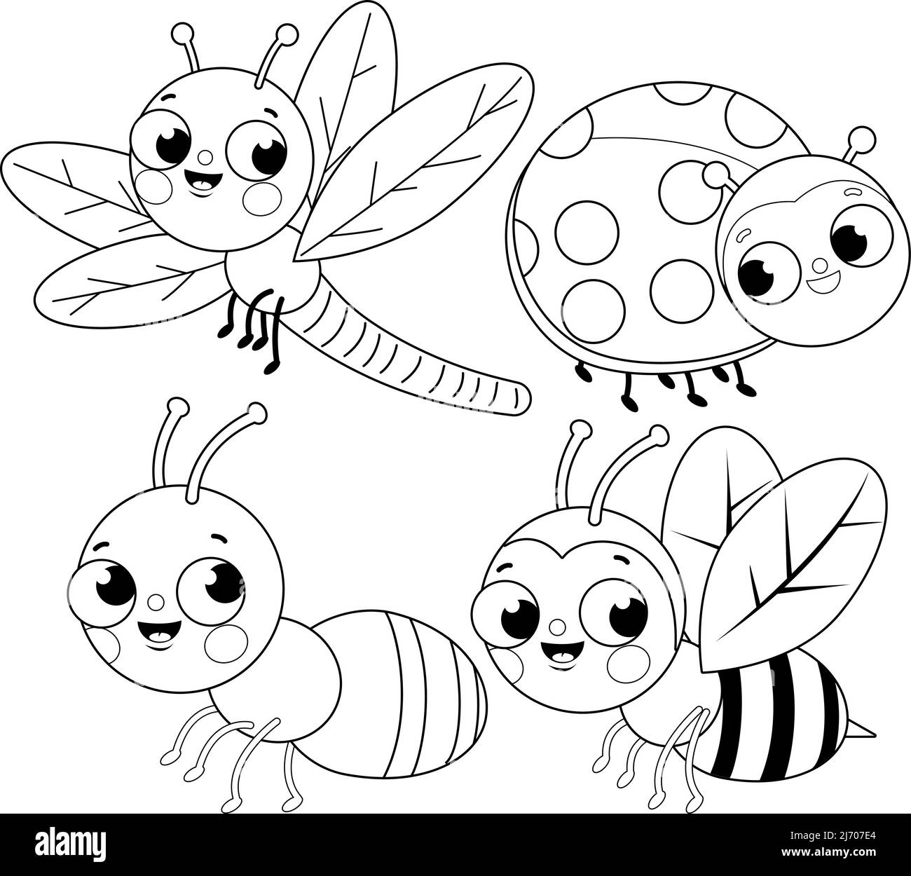 Set of cute bugs. A dragonfly, a ladybug, an ant and a bee. Vector black and white coloring page Stock Vector