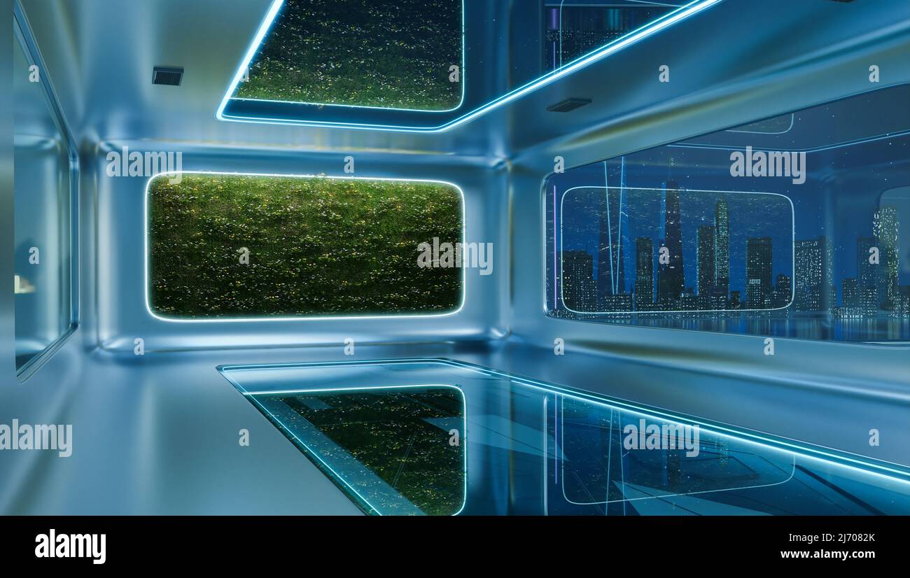 Modern futuristic interior office design with green wall plant. 3d ...