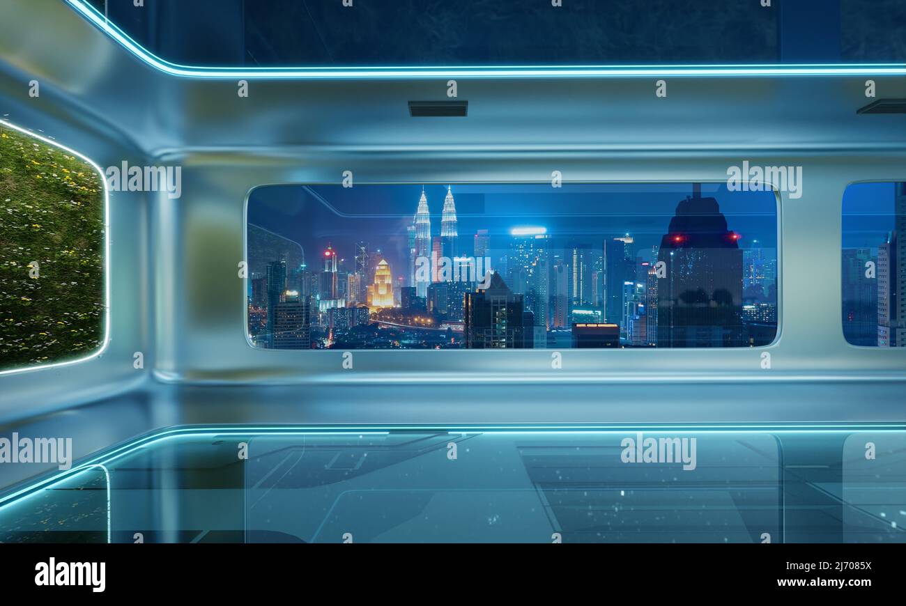Modern futuristic interior office design with green wall plant. 3d ...