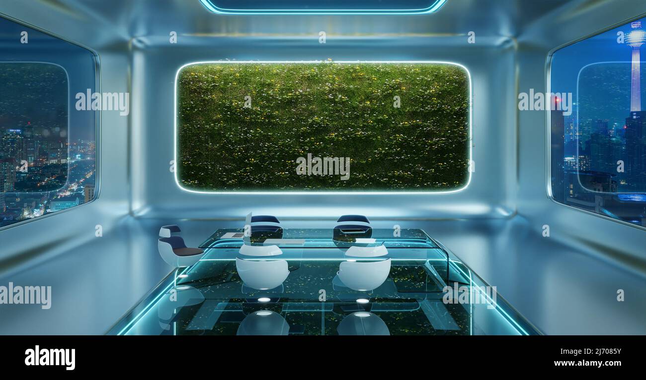 Modern sci-fi futuristic interior office design with green wall plant ...
