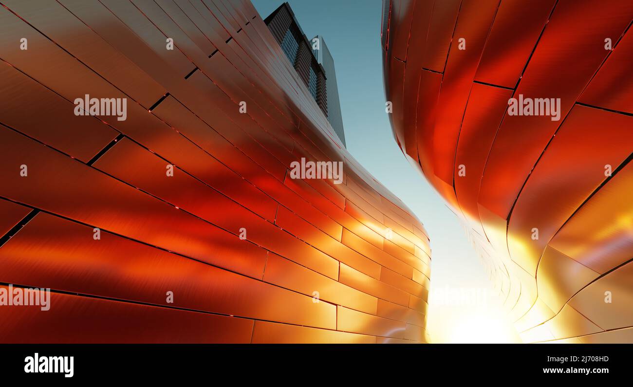 Low angle view of modern curve shape design buildings with red steel facade wall. 3d rendering Stock Photo